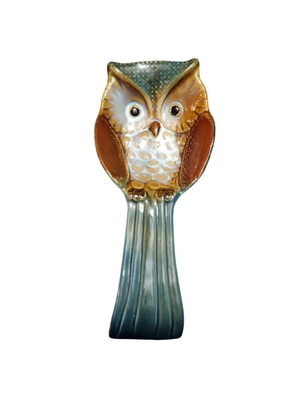 Yardwe Ceramic Hoot Owl Spoon Rest Utensil Holder Blue Brown Kitchen Decor
